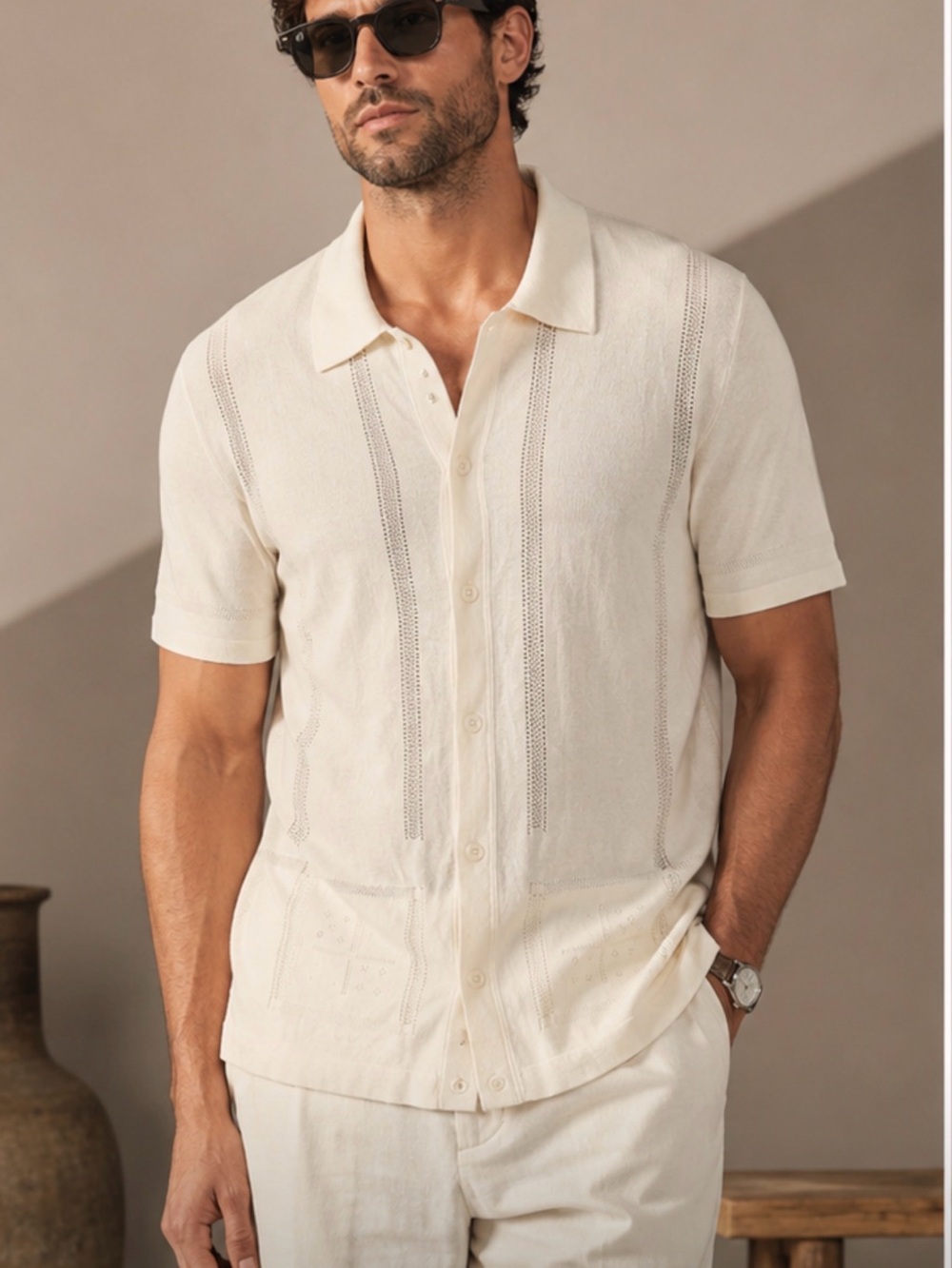 Todd Snyder Silk Cotton Eyelet Knit Shirt Cream Size L - Picture 1 of 14